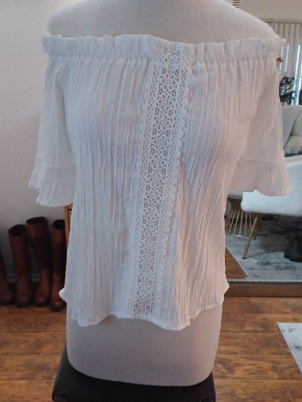 Off-Shoulder White Lace-Trim Womens Top